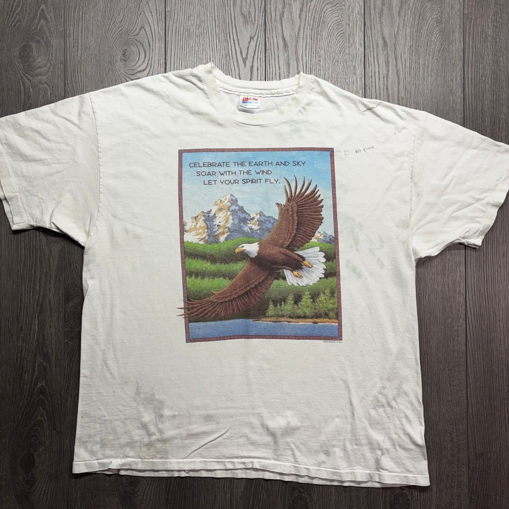Vintage 1994 Human-I-Tees Bald Eagle Nature Graphic T-Shirt Hanes White XXL